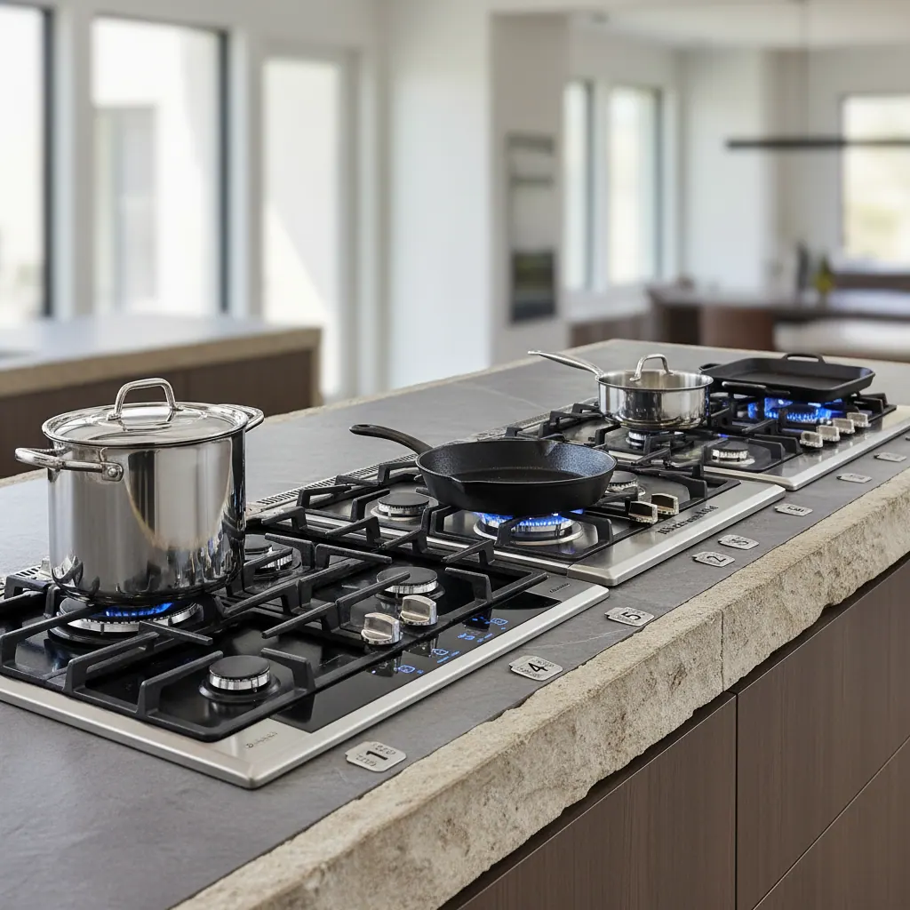Five 30-inch gas cooktops tested side by side showing Wolf, Bosch, GE Café, KitchenAid and Thermador models