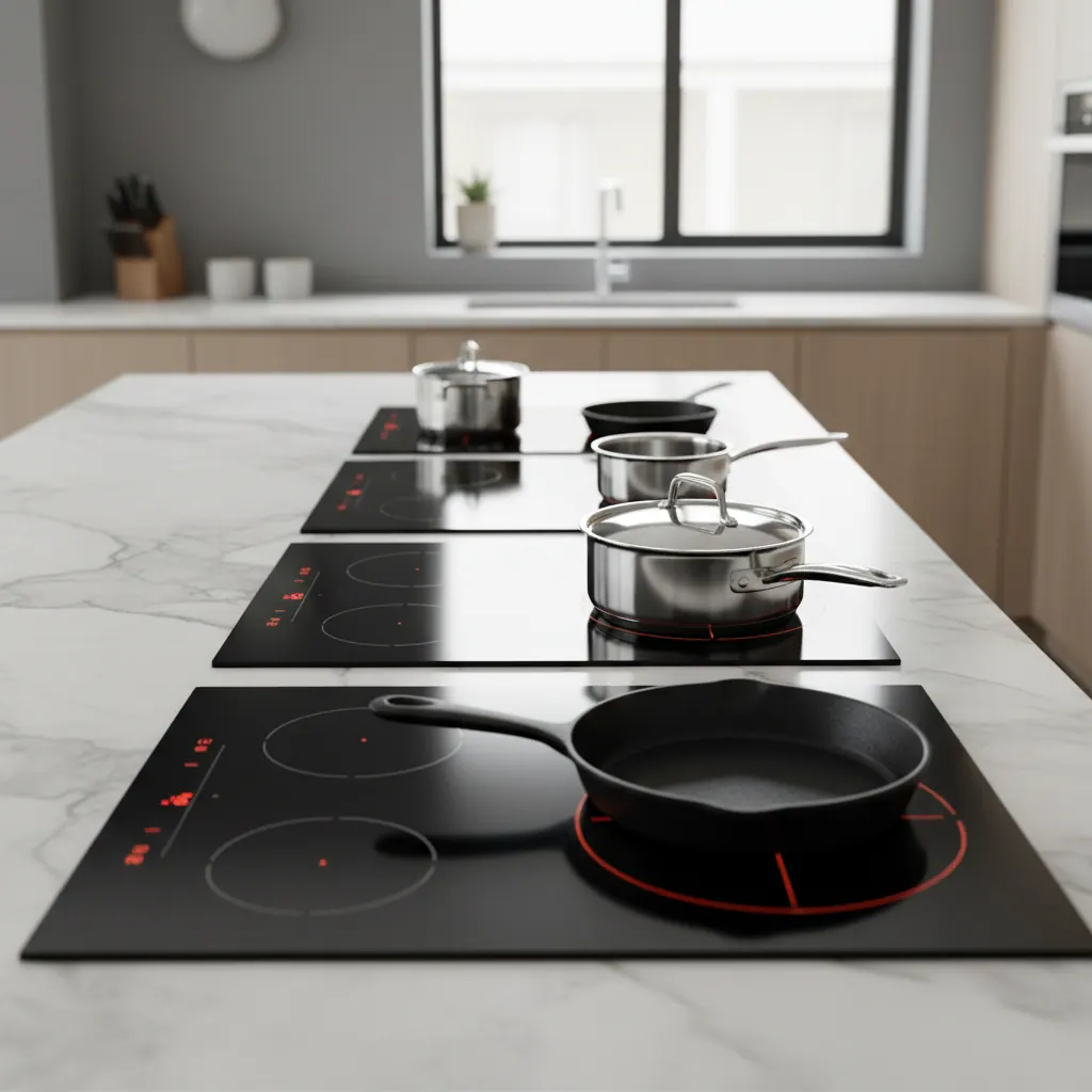 Six 36-inch induction cooktops lined up side by side on a marble counter for comparison testing