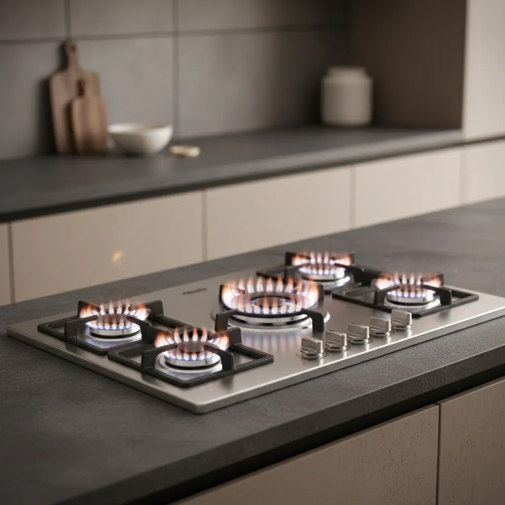 Five-burner gas cooktop with center oval burner all flames lit on a dark stone kitchen counter