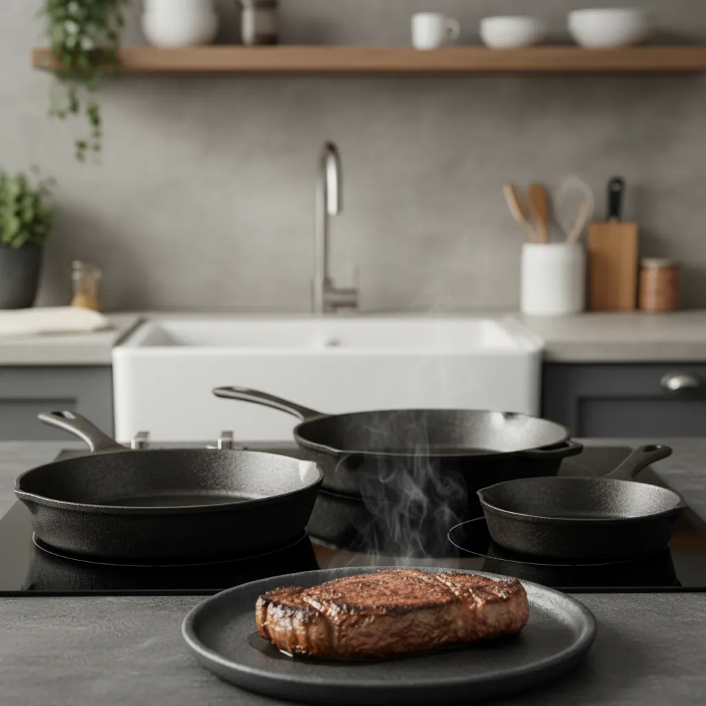 Three cast iron skillets of different brands on an induction cooktop with a seared steak in the foreground