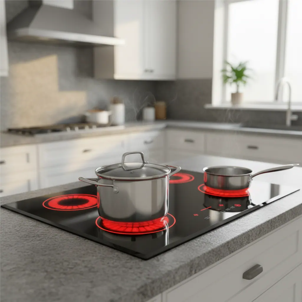 Modern smooth-top electric cooktop with glowing red heating elements on a granite countertop