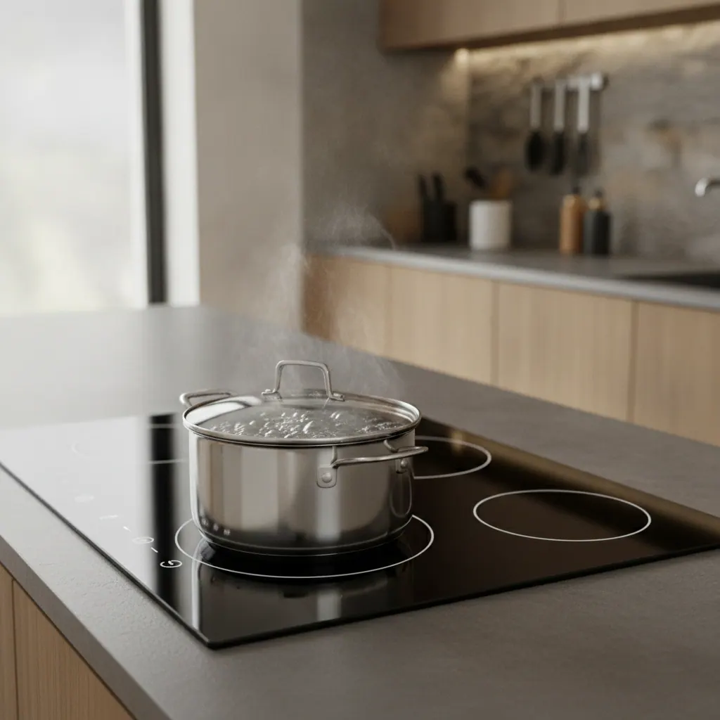 Premium induction cooktop installed in a modern kitchen with a pan boiling on a boost zone
