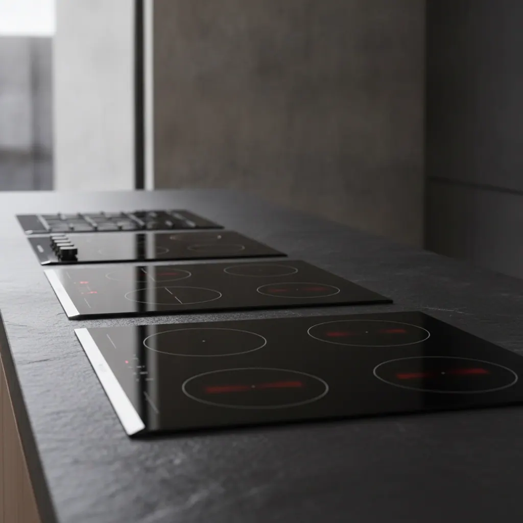 Several induction cooktops from different premium brands lined up for a brand comparison on a dark countertop