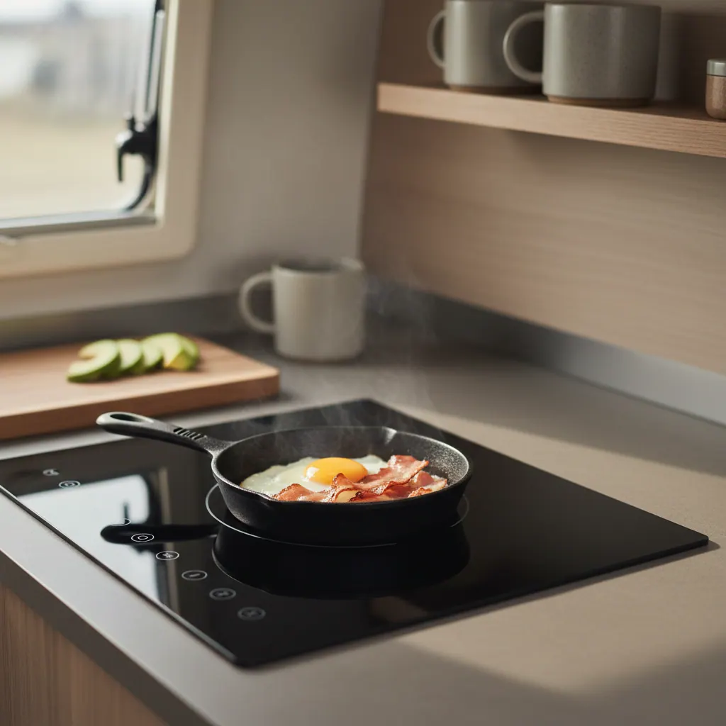Compact induction cooktop installed in a camper van galley with a small skillet cooking breakfast