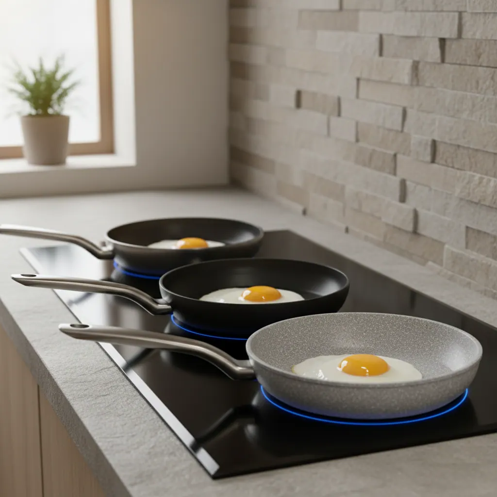 Three nonstick skillets with eggs sliding cleanly on an induction cooktop with blue halo indicator