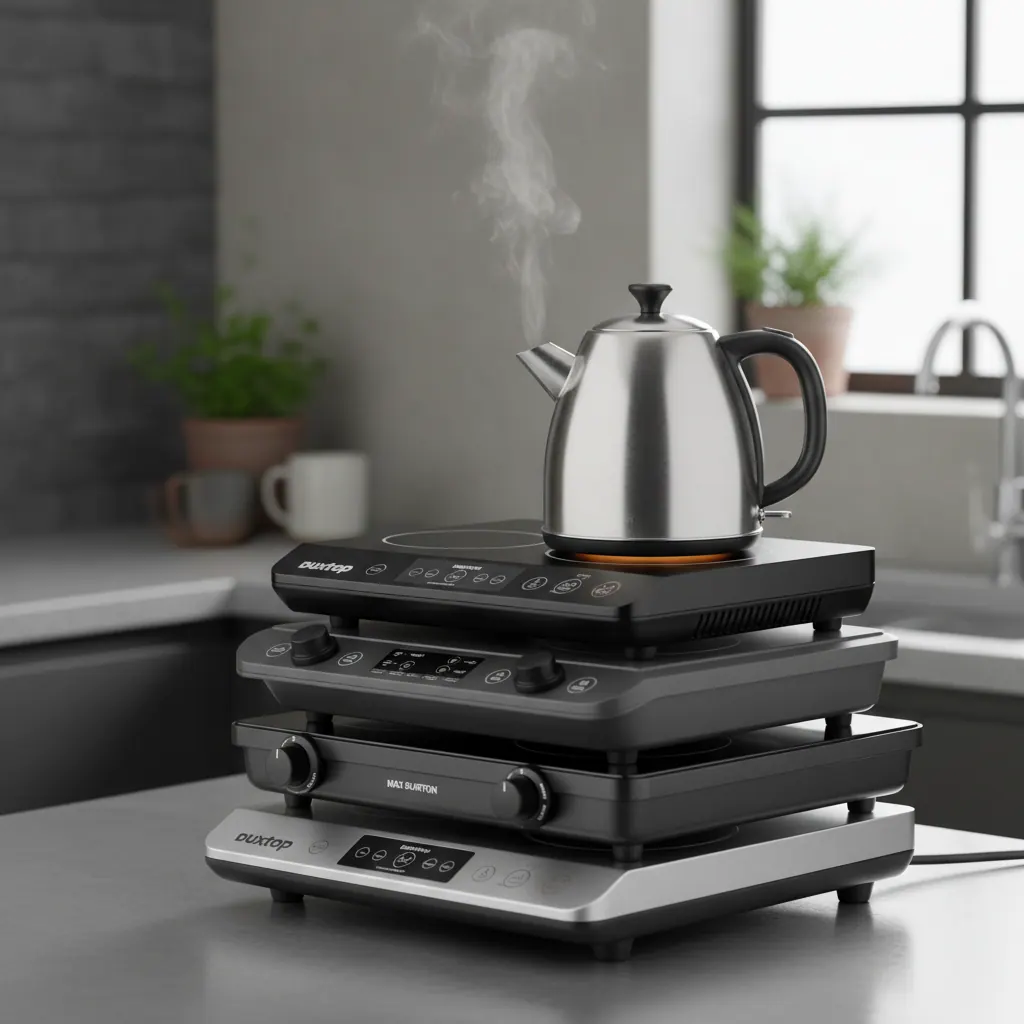 Five portable induction cooktops stacked for comparison on a stainless counter with a kettle boiling