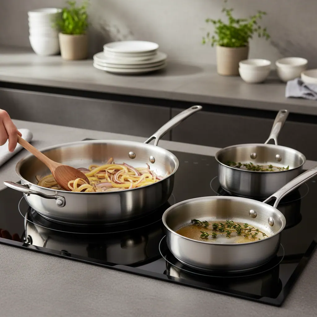 Three stainless steel skillets of different brands on an induction cooktop with onions sautéing