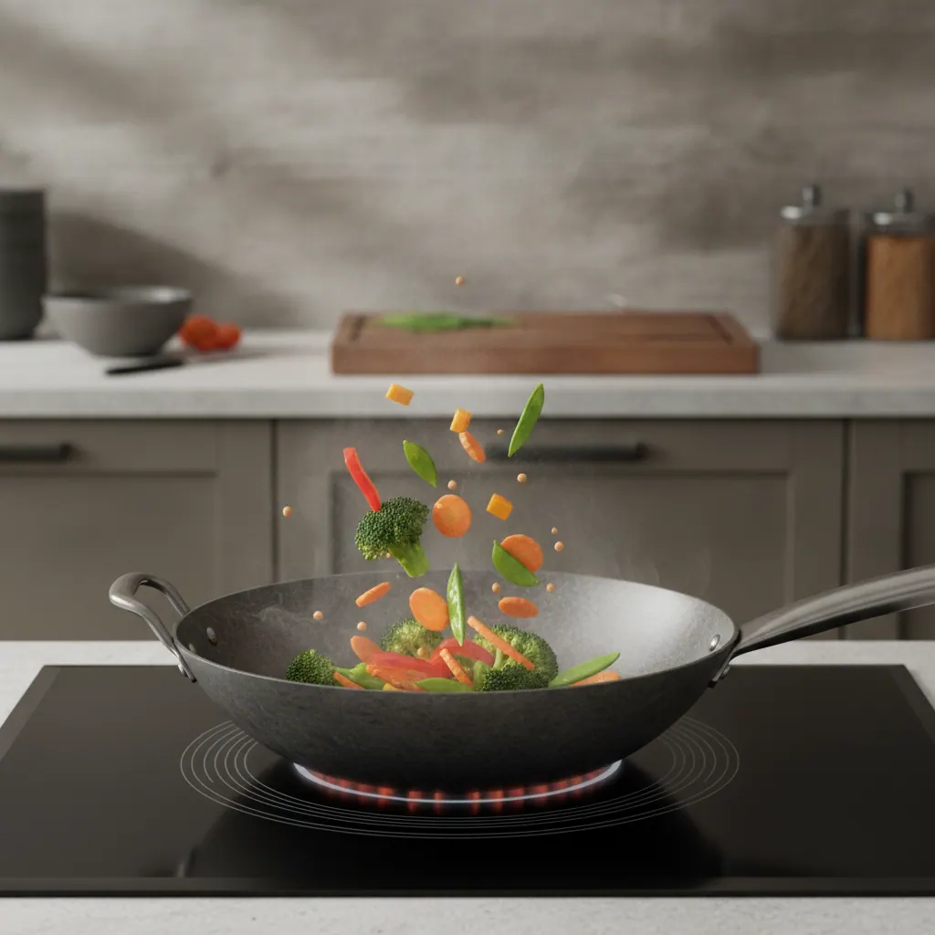 Flat-bottom carbon steel wok searing vegetables over high heat on a flat-glass induction cooktop