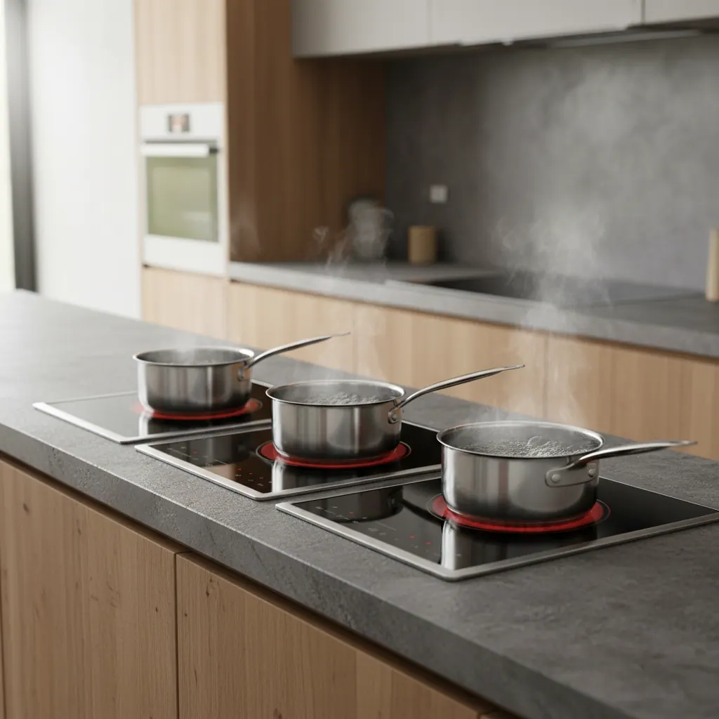 Bosch 500, 800 Series and Benchmark induction cooktops lined up for side-by-side comparison testing