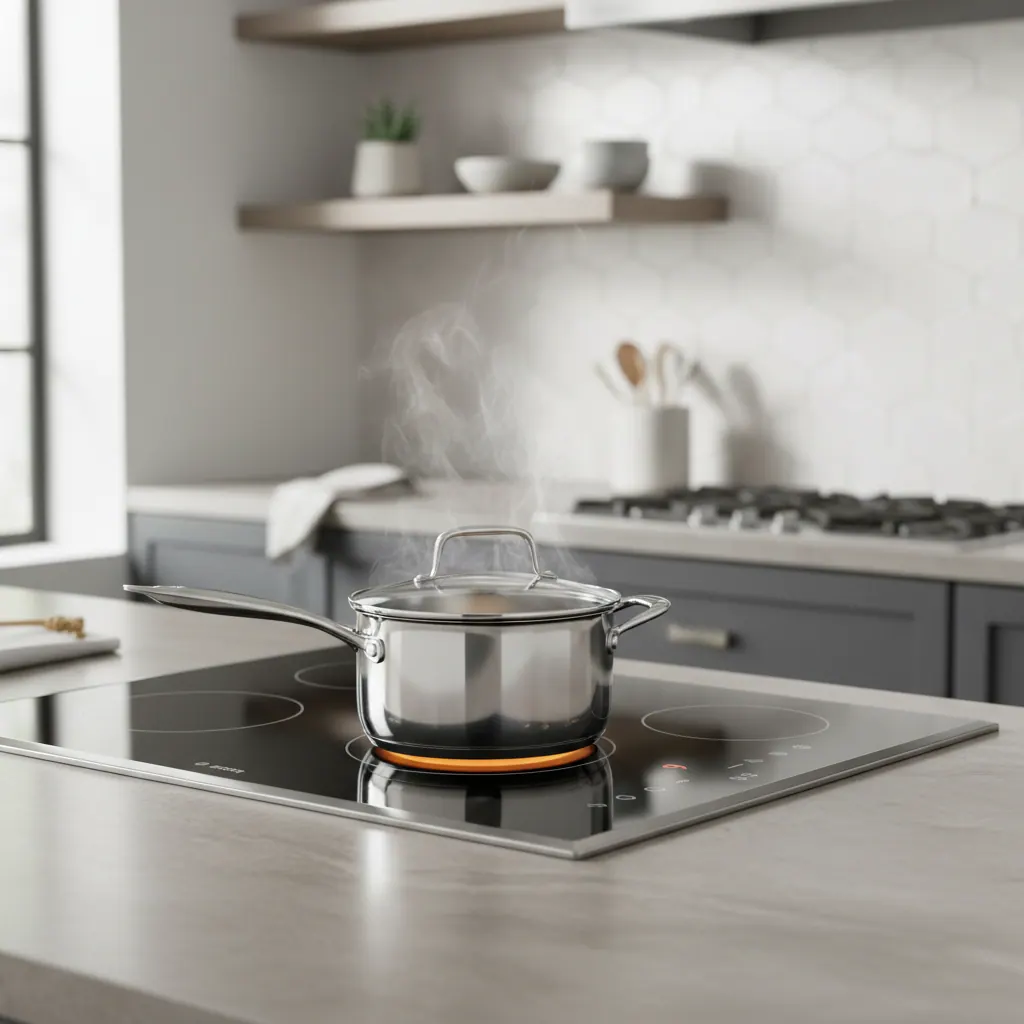 Bosch 800 Series 30-inch induction cooktop installed in a modern quartz countertop with a boiling saucepan on the front-left zone