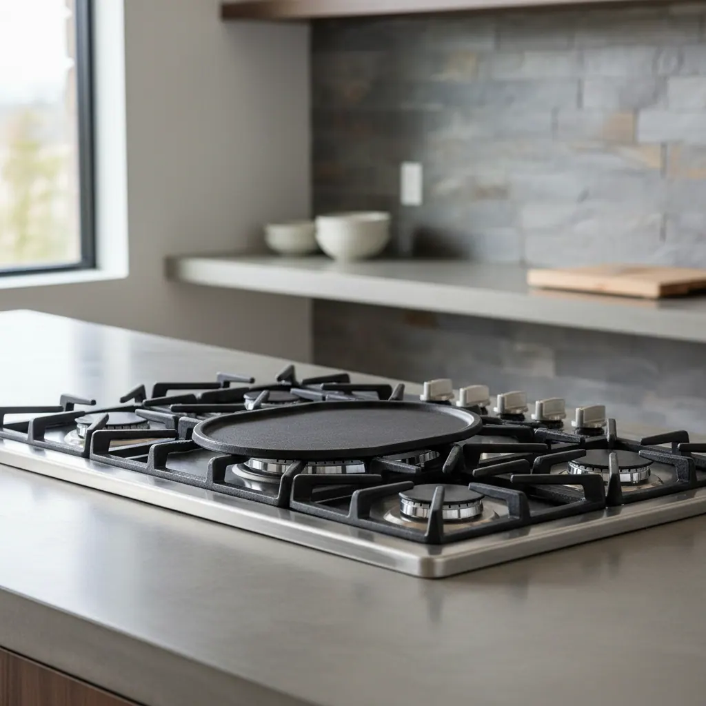 Bosch 800 Series 5-burner gas cooktop NGMP059UC with continuous cast iron grates and center oval burner