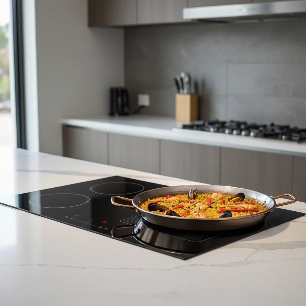 Bosch Benchmark 36-inch induction cooktop installed in a modern quartz kitchen island with a large paella pan on the FlexInduction bridge