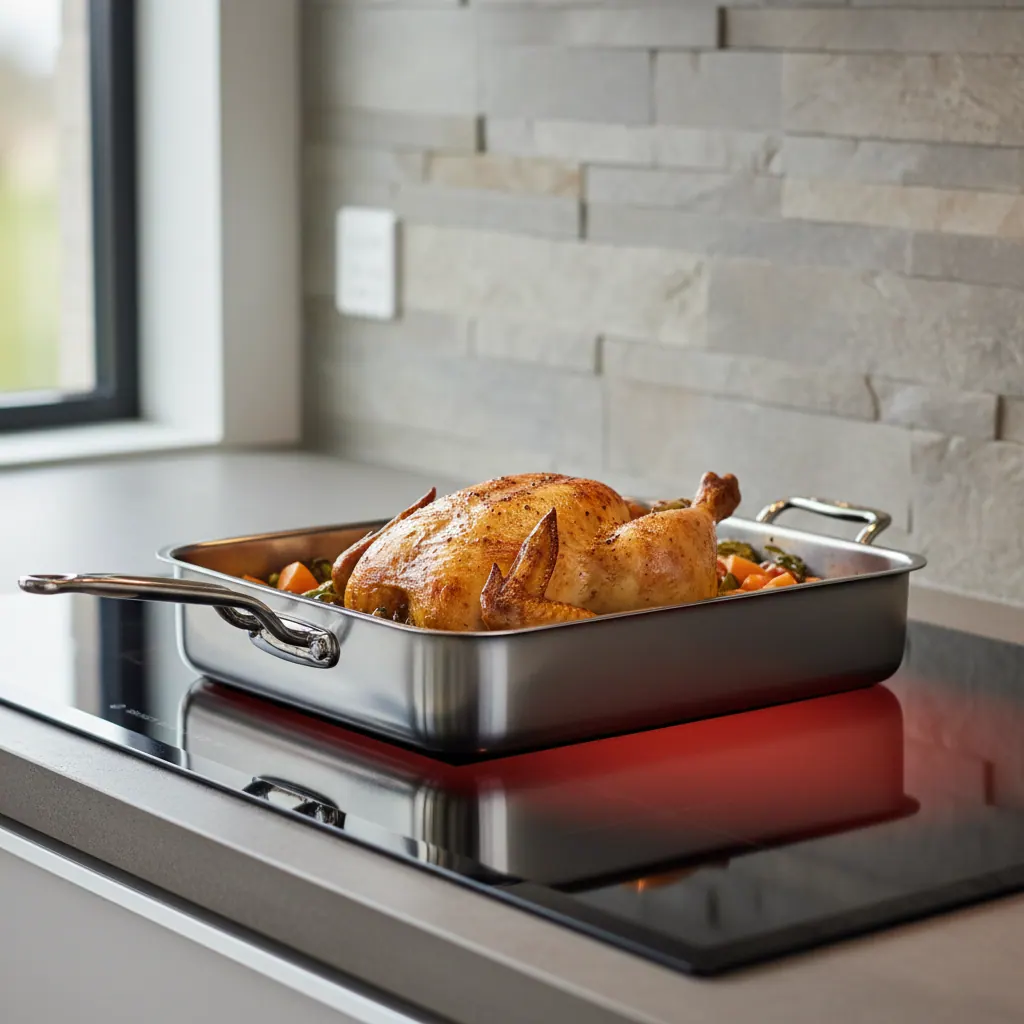 Bosch Benchmark induction cooktop showing a large roasting pan spanning the FlexInduction bridge zone with even heat distribution