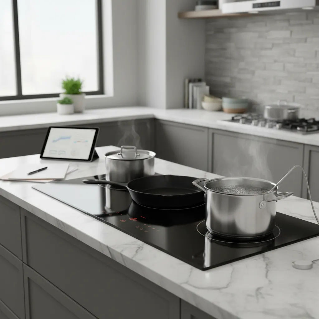 Bosch Benchmark induction cooktop installed in a modern marble countertop