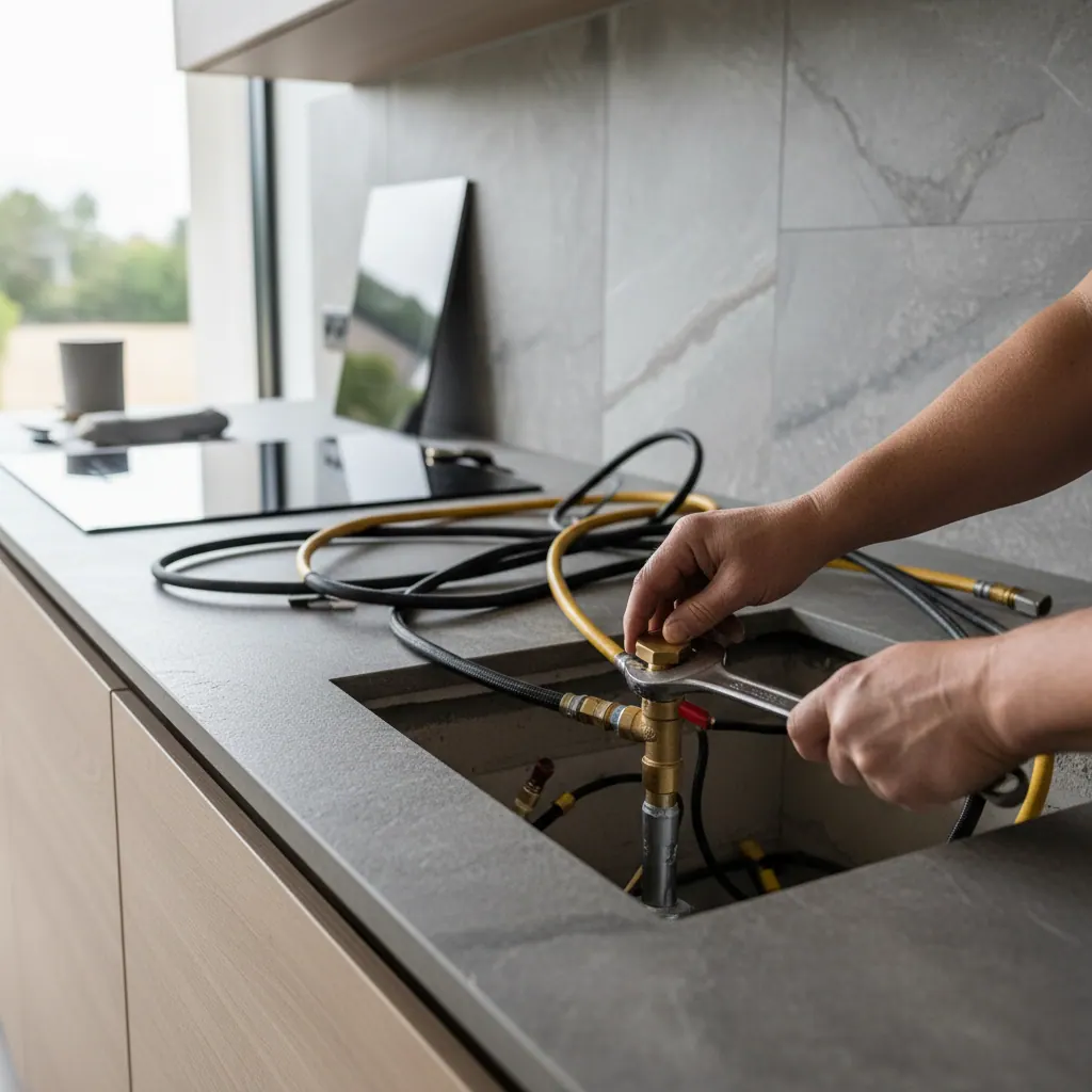 Licensed gas-fitter installing a brass cap on a shutoff valve during a gas to induction cooktop conversion
