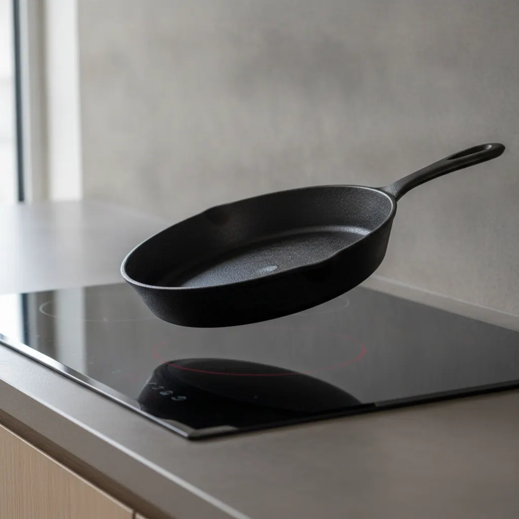 Cast iron skillet being lifted, not dragged, above a clean induction glass surface