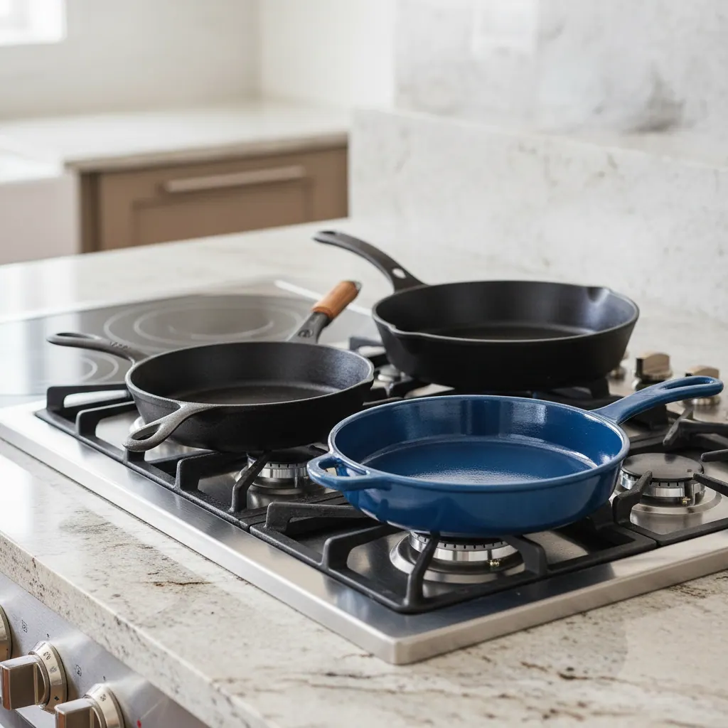 Lodge Classic, Lodge Blacklock and Le Creuset cast iron skillets arranged on a gas cooktop for comparison