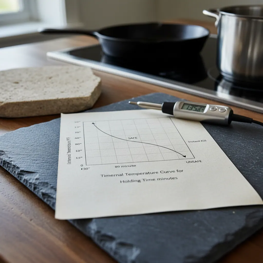 Time-and-temperature pasteurization curve graph showing safe holding times from 130F at 89 minutes to 165F at instant kill