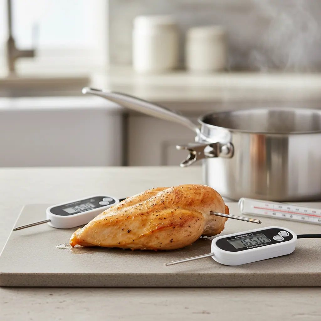Two instant-read thermometers and one clip-on thermometer arranged with a chicken breast showing proper probe insertion technique