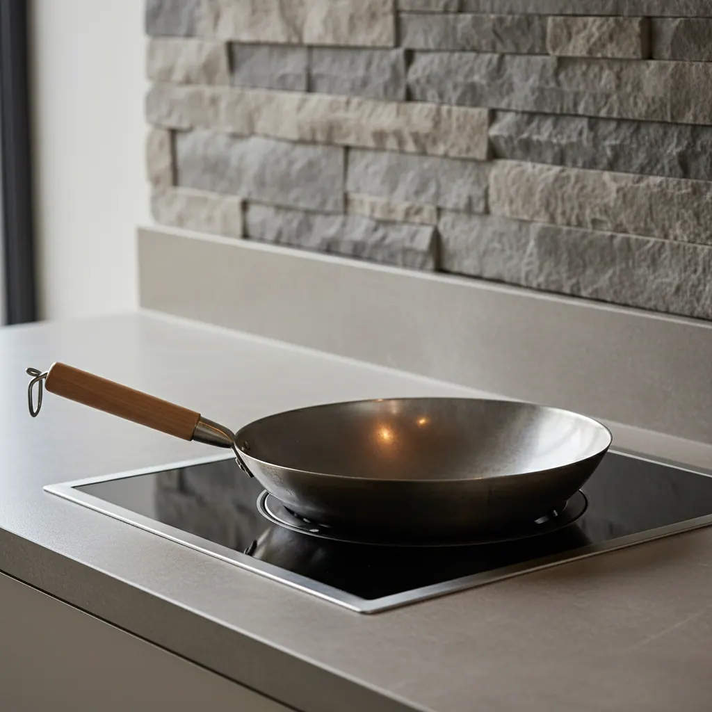 Concave induction wok burner with a round-bottom carbon steel wok nested in the curved cooking surface