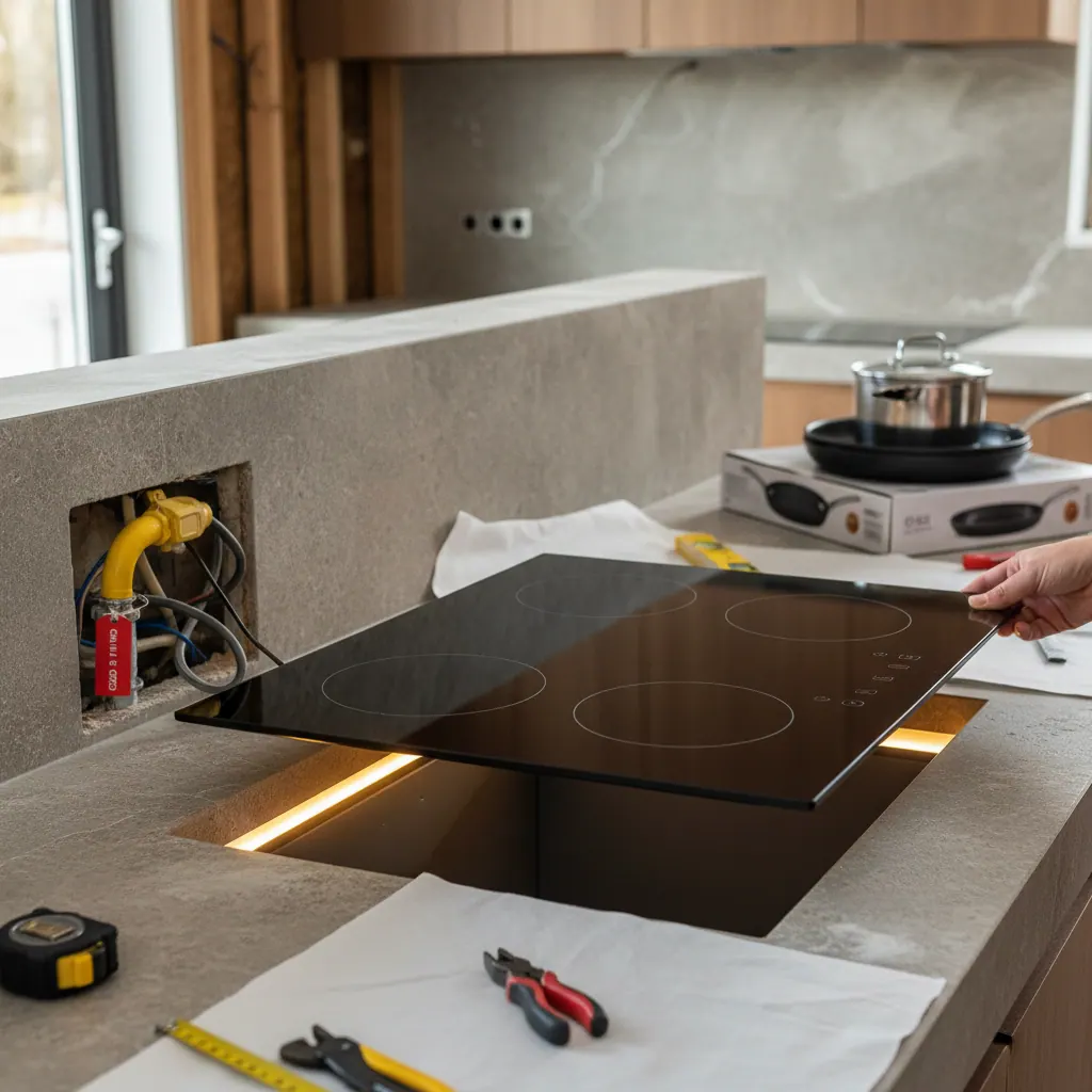 Kitchen remodel in progress showing a capped gas line and a new induction cooktop being installed in a countertop cutout