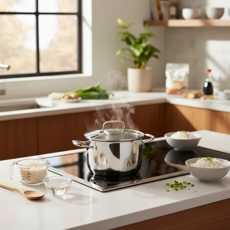 Pot of fluffy white rice cooking on a modern induction cooktop