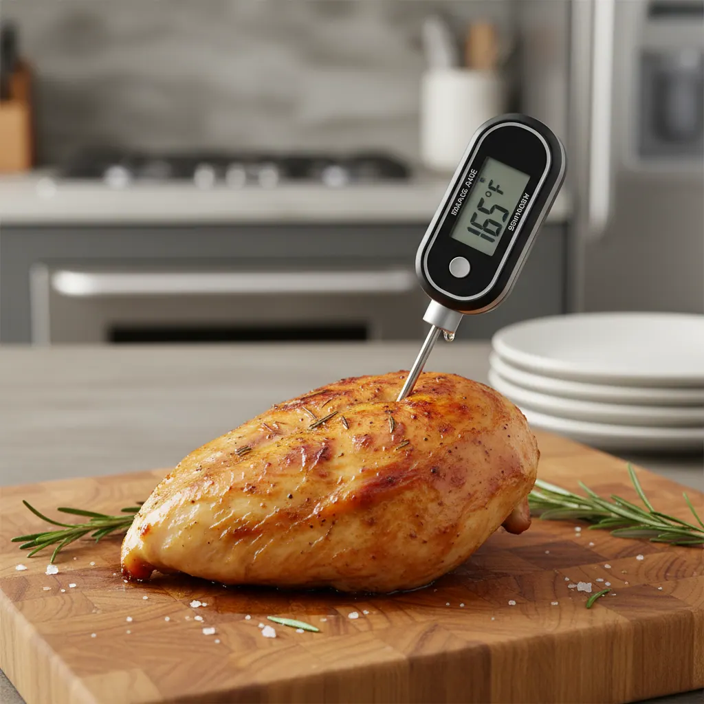 Instant-read thermometer probe inserted into a perfectly cooked chicken breast on a cutting board reading 165 degrees