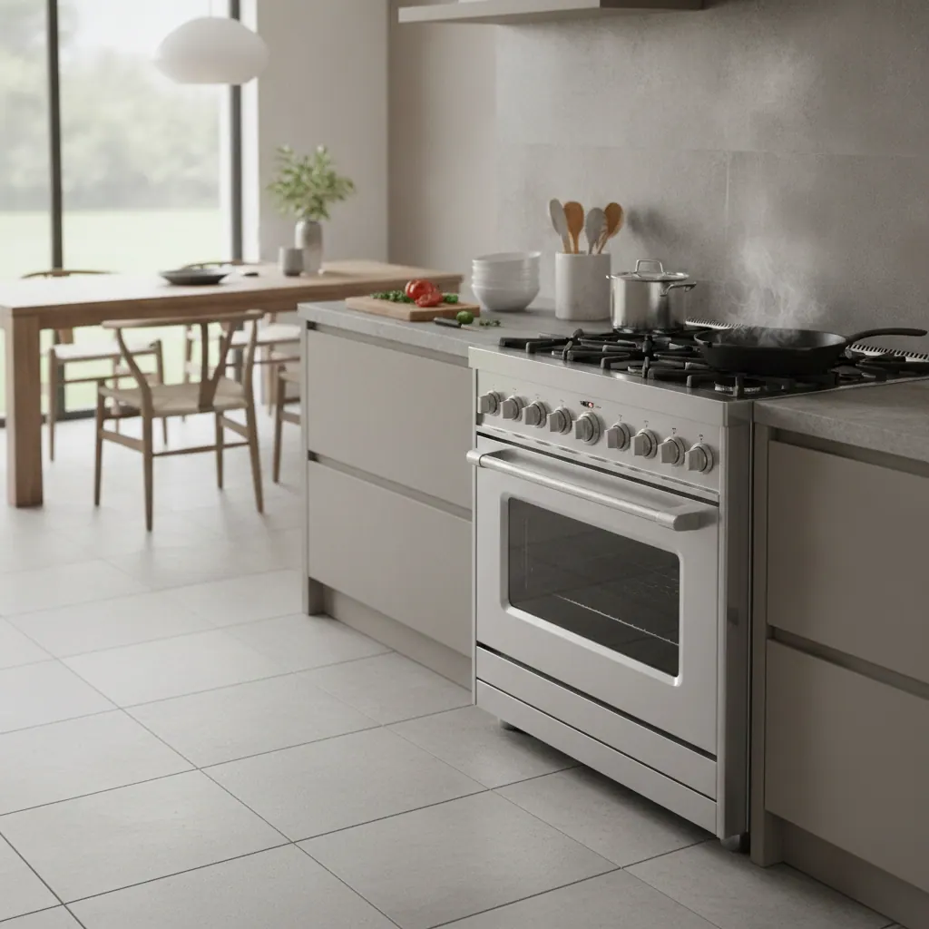 A freestanding all-in-one range with oven below the cooktop in a practical family kitchen