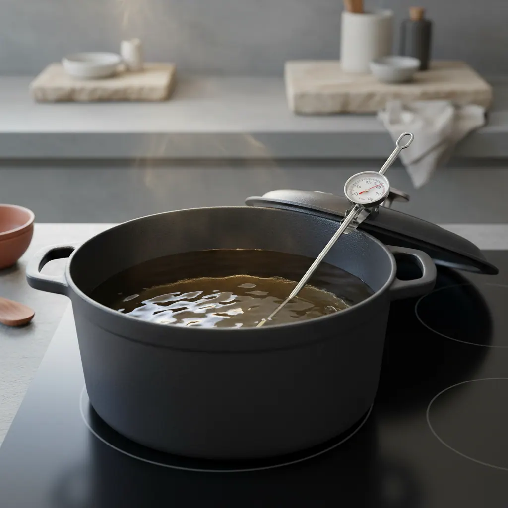 Large Dutch oven filled with hot oil on an induction cooktop with a thermometer showing 375 degrees for deep frying