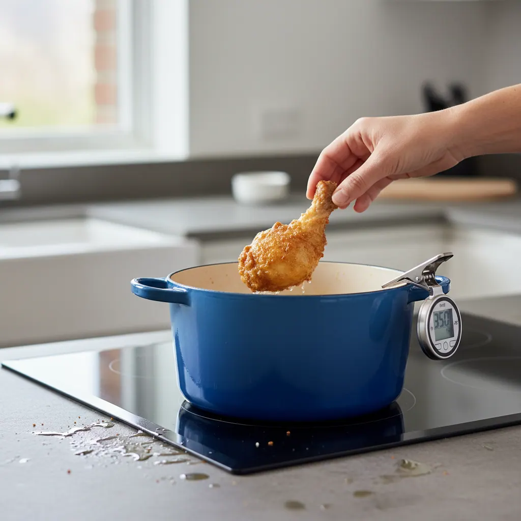 Golden fried chicken pieces being lowered into 350F oil in a Le Creuset Dutch oven on an induction cooktop with clip-on thermometer reading temperature
