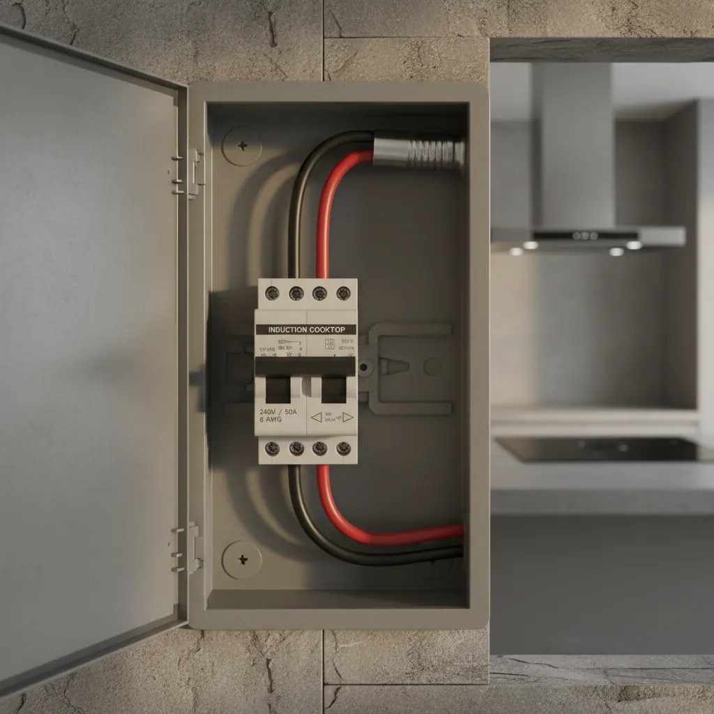 Electrical panel with a labeled 240V double-pole breaker for an induction cooktop installation showing wire gauge and circuit specifications