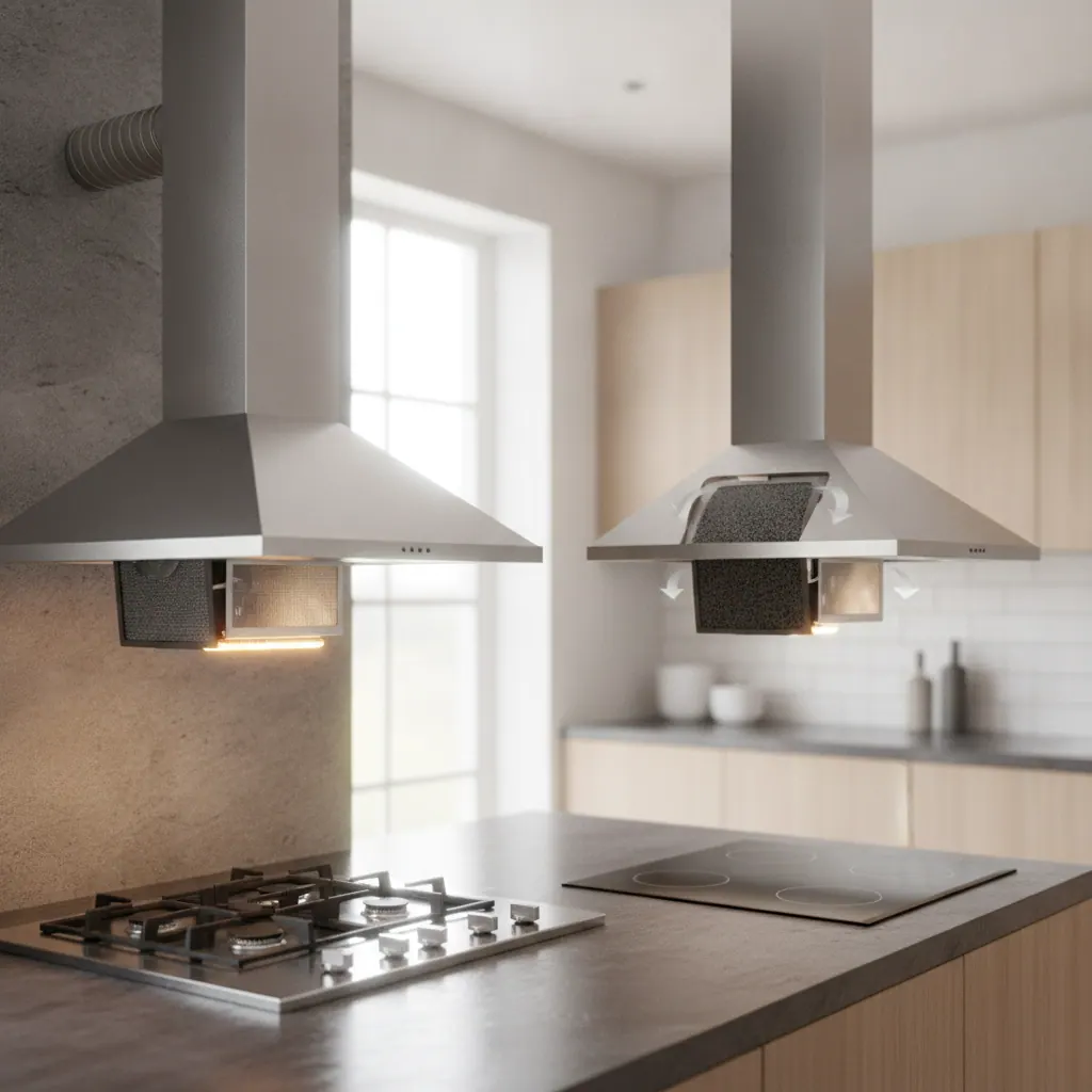Cutaway comparison of a ducted range hood venting outdoors beside a ductless hood recirculating through a charcoal filter