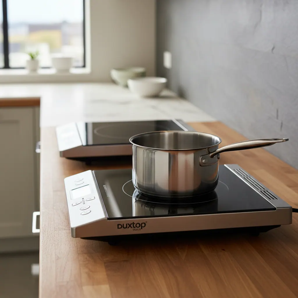 Duxtop 9600LS portable induction burner on a wooden kitchen counter with a stainless saucepan