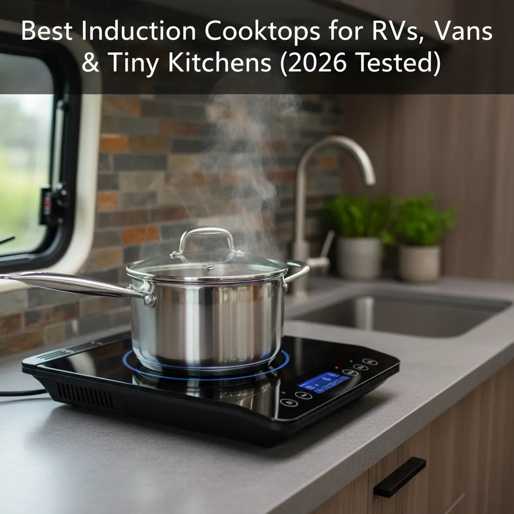 Duxtop 9620LS portable induction cooktop installed on a van galley counter with a stainless saucepan boiling water