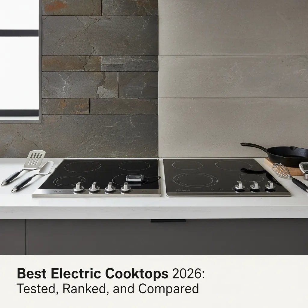Comparison of GE JP5036SLSS and Frigidaire FFEC3025UB electric cooktops side by side on a white counter