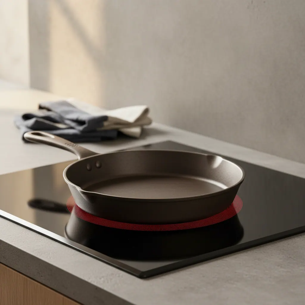 Field Company No. 8 cast iron skillet with milled flat base showing perfect induction coupling on a Bosch cooktop