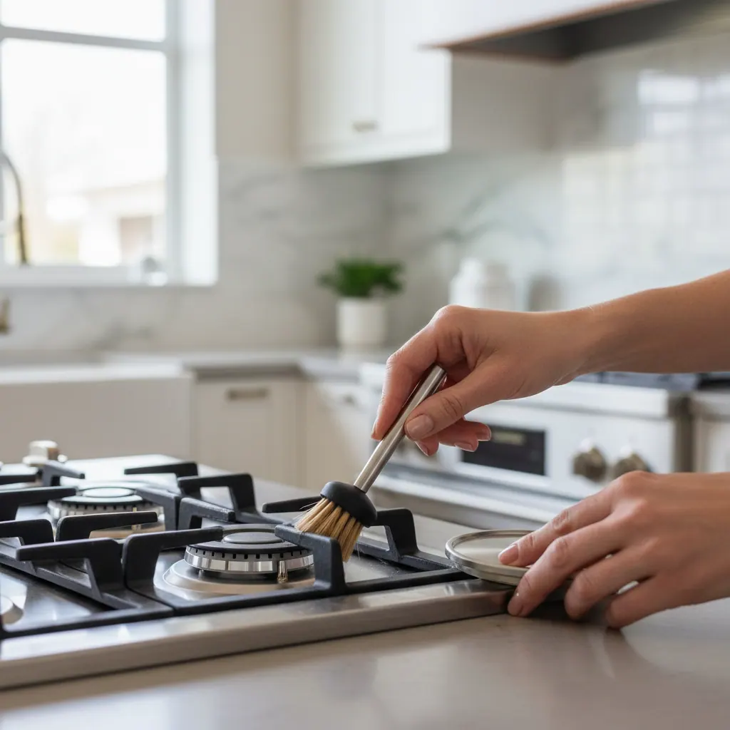 Hands repairing a gas cooktop burner with a cleaning brush and burner cap removed showing the igniter and gas ports