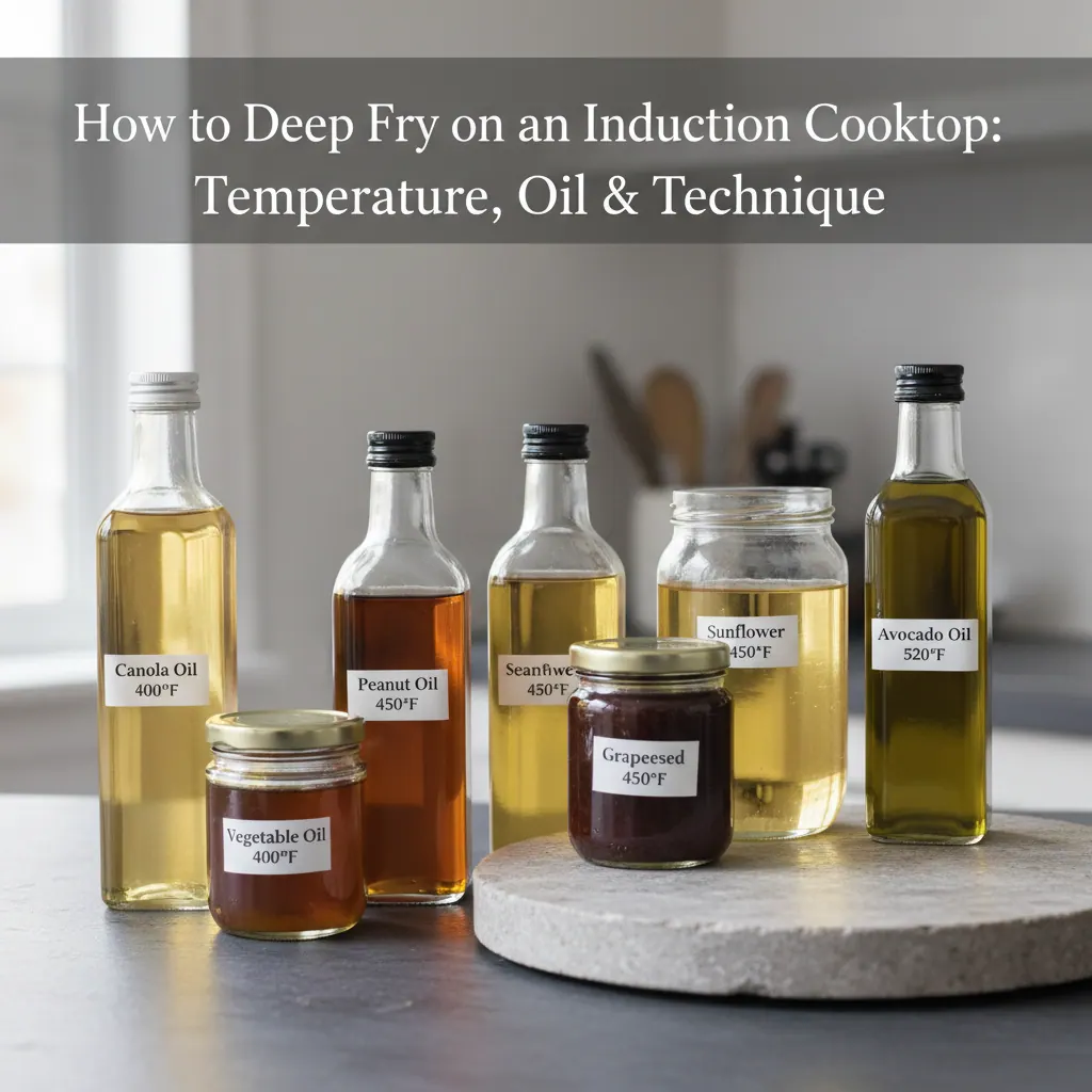 Selection of frying oils in clear containers with smoke point temperatures labeled from canola at 400F to avocado at 520F