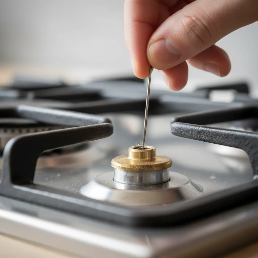 Gas cooker burner orifice with thin needle being inserted to clear blockage during repair