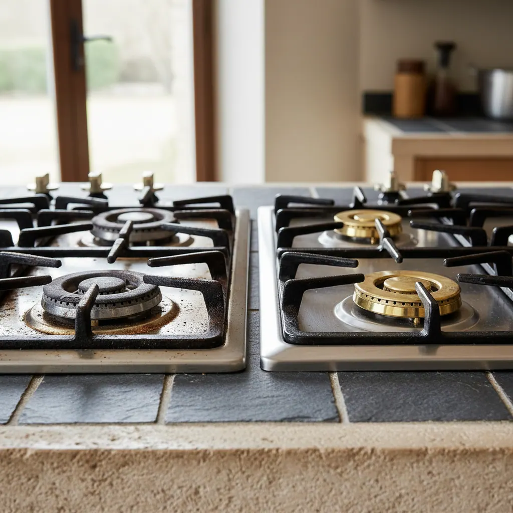 Old gas cooktop with rusted burner caps and damaged grates beside a new modern gas cooktop showing comparison for replacement decision