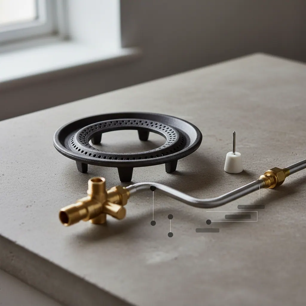 Gas burner anatomy diagram showing gas ports, igniter position, valve stem, and supply connection points where leaks occur