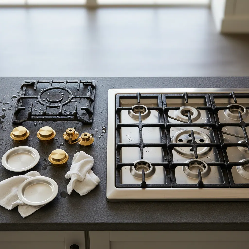Gas cooktop top-down view showing clean burner caps, ports and drip trays ready for reassembly after deep cleaning