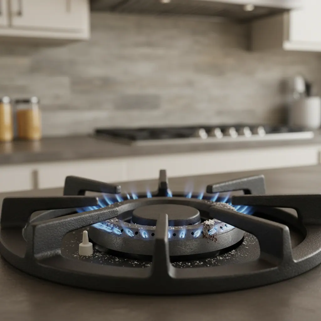 Close-up of a gas cooktop burner with the igniter sparking but no flame lighting, showing clogged burner ports