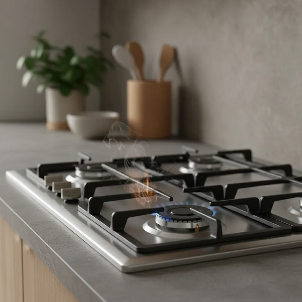 Gas cooktop with one unlit burner and a visible gas valve in a home kitchen setting