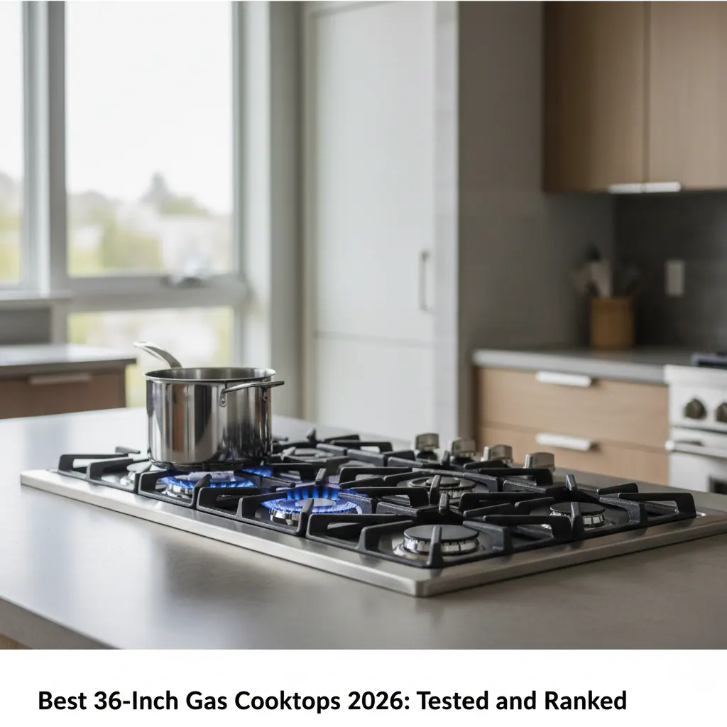 GE Café 36-inch gas cooktop with stainless trim and six sealed burners on a kitchen island
