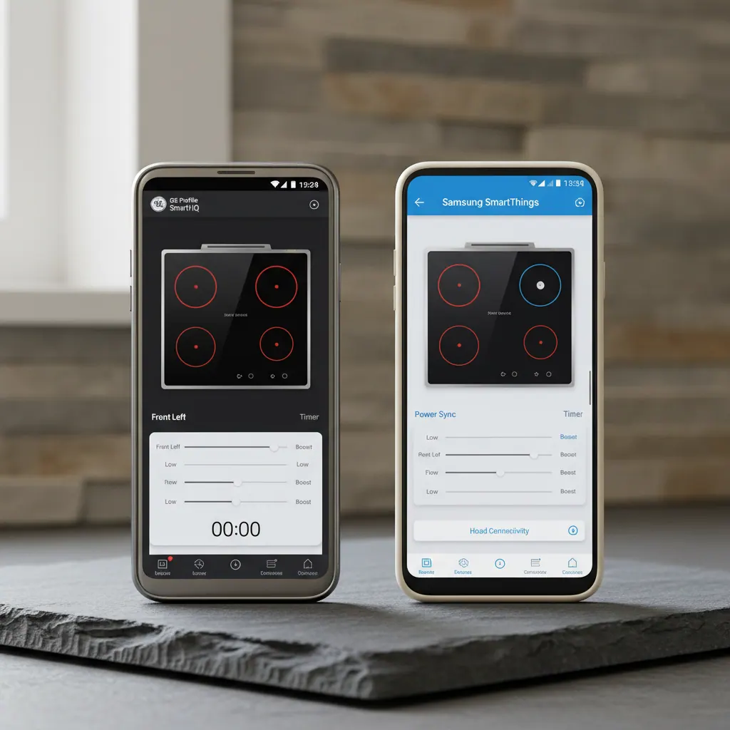 GE Profile SmartHQ app showing induction cooktop controls and Samsung SmartThings app interface comparison on two phones