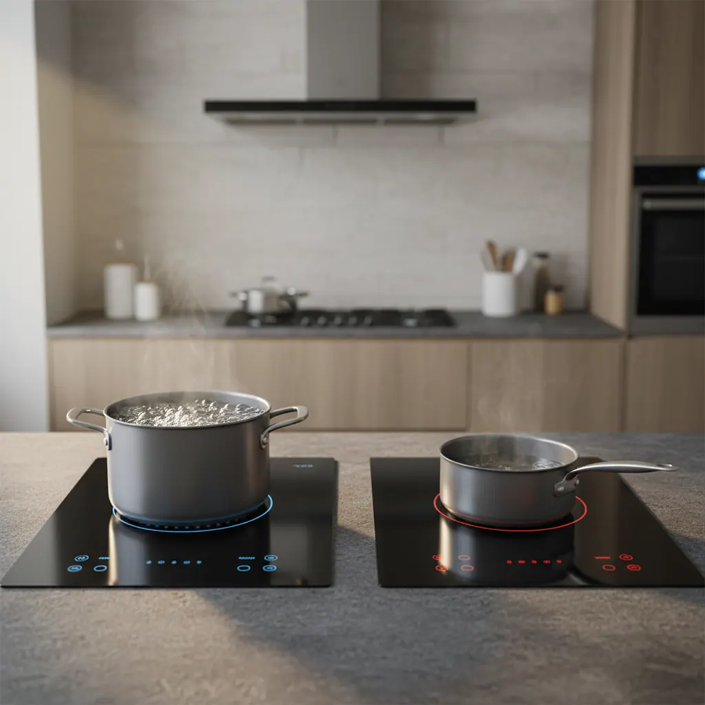 GE Profile and Samsung induction cooktops side by side showing touch controls and boil tests in progress