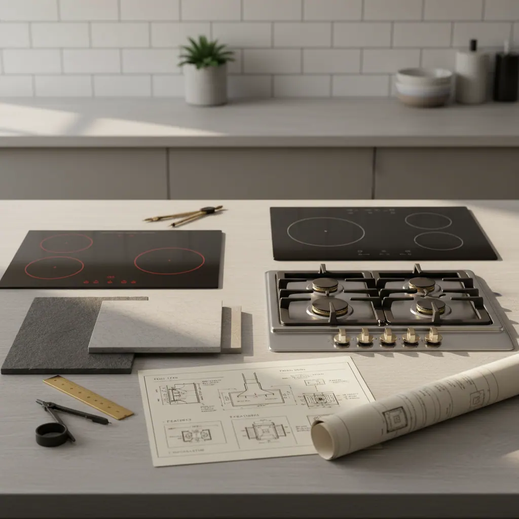 Overhead view of kitchen countertop samples, cooktop models and installation specs laid out on a workbench