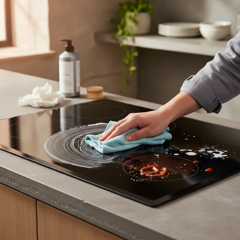 Induction cooktop glass being cleaned with a specialized ceramic cooktop cleaner and microfiber cloth showing streak-free finish
