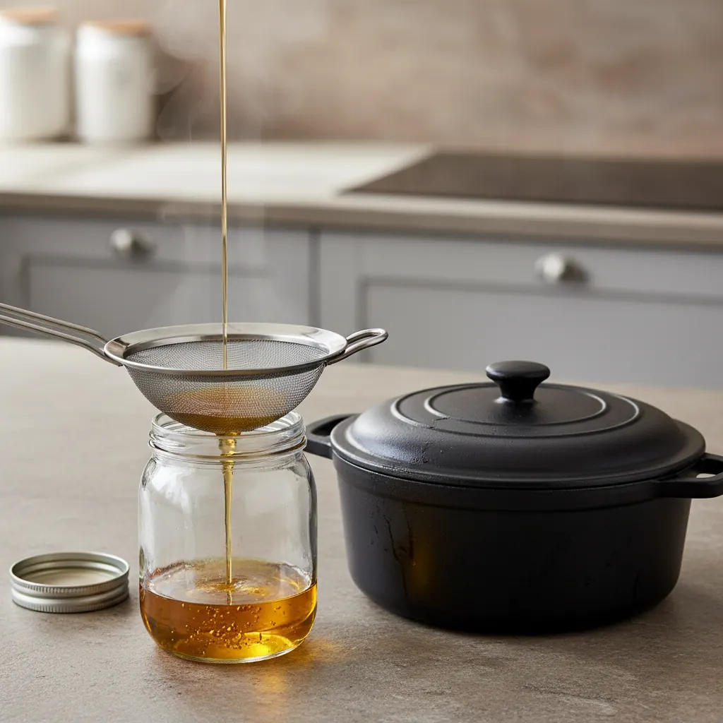 Used cooking oil being poured through a fine mesh strainer into a glass jar for safe disposal next to a cast iron Dutch oven
